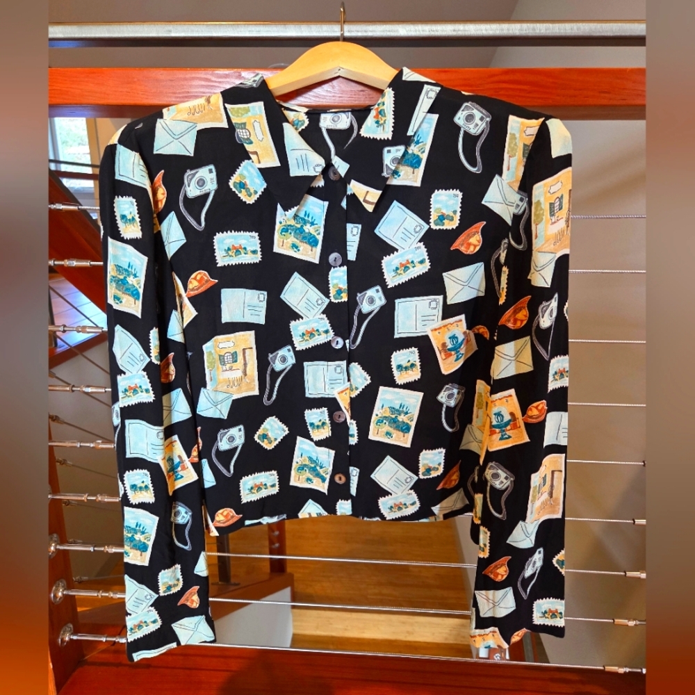 Vintage Postcard Print Blouse, Size M